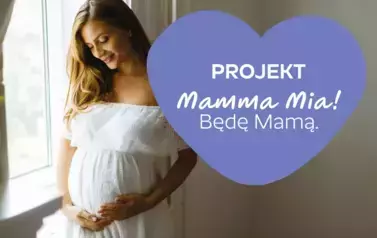 Na zdjęciu kobieta w ciąży, obok napis: Projekt Mamma Mia! Będę Mamą.