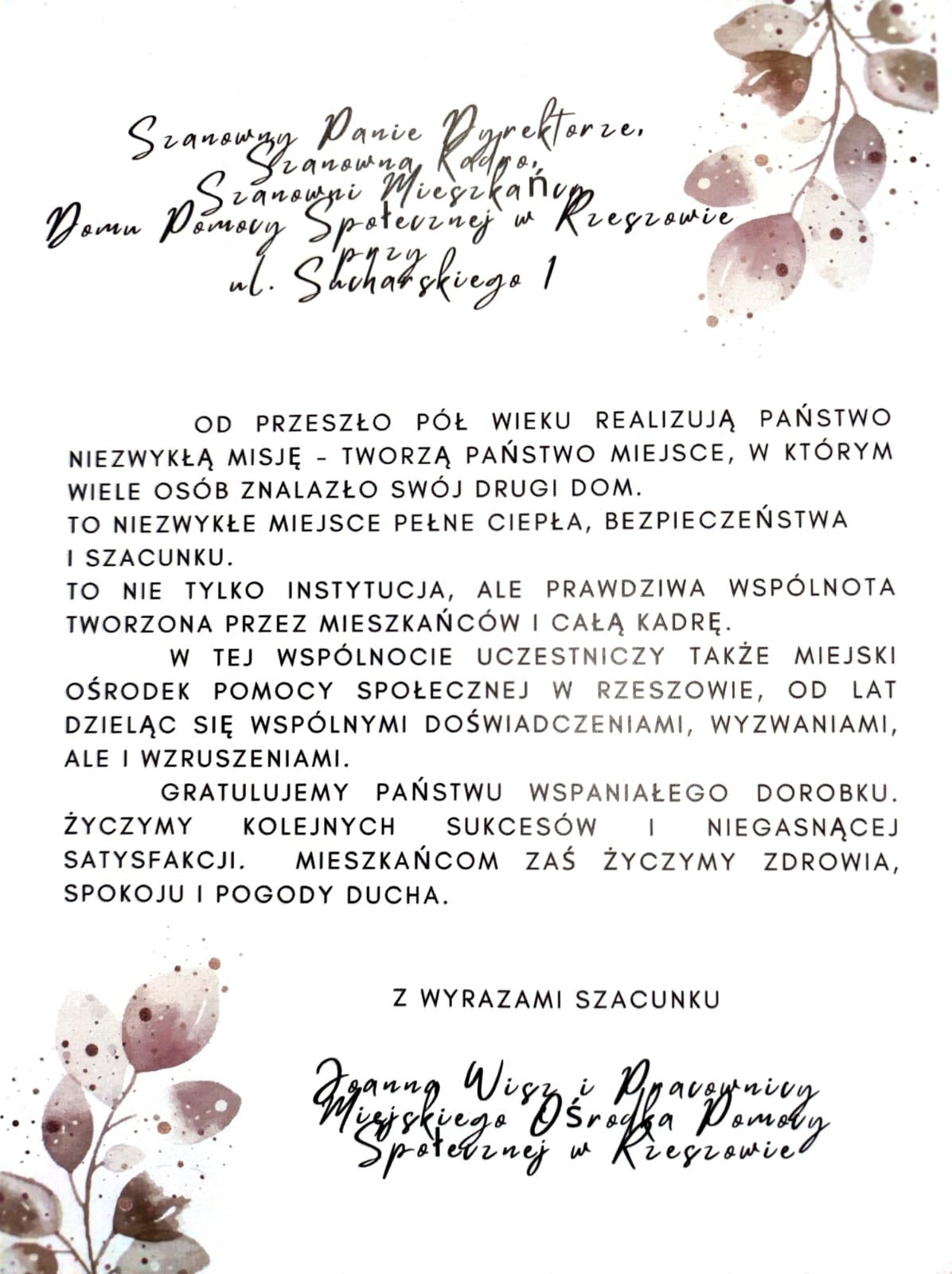 Kartka z życzeniami dla DPS przy Sucharskiego od Dyrekcji MOPS Rzeszów