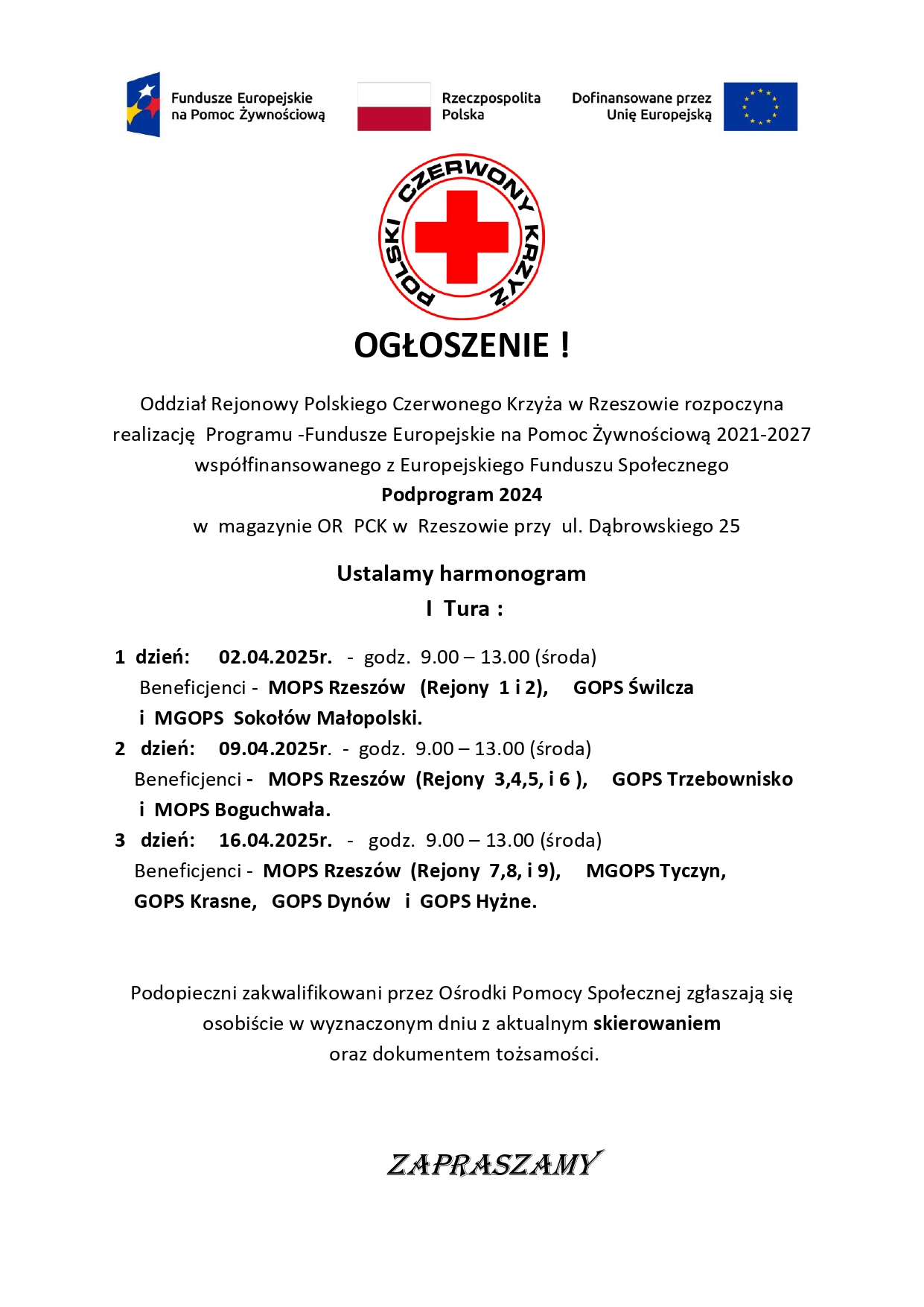 Obraz to plakat zapowiadający pomoc żywnościową w Rzeszowie