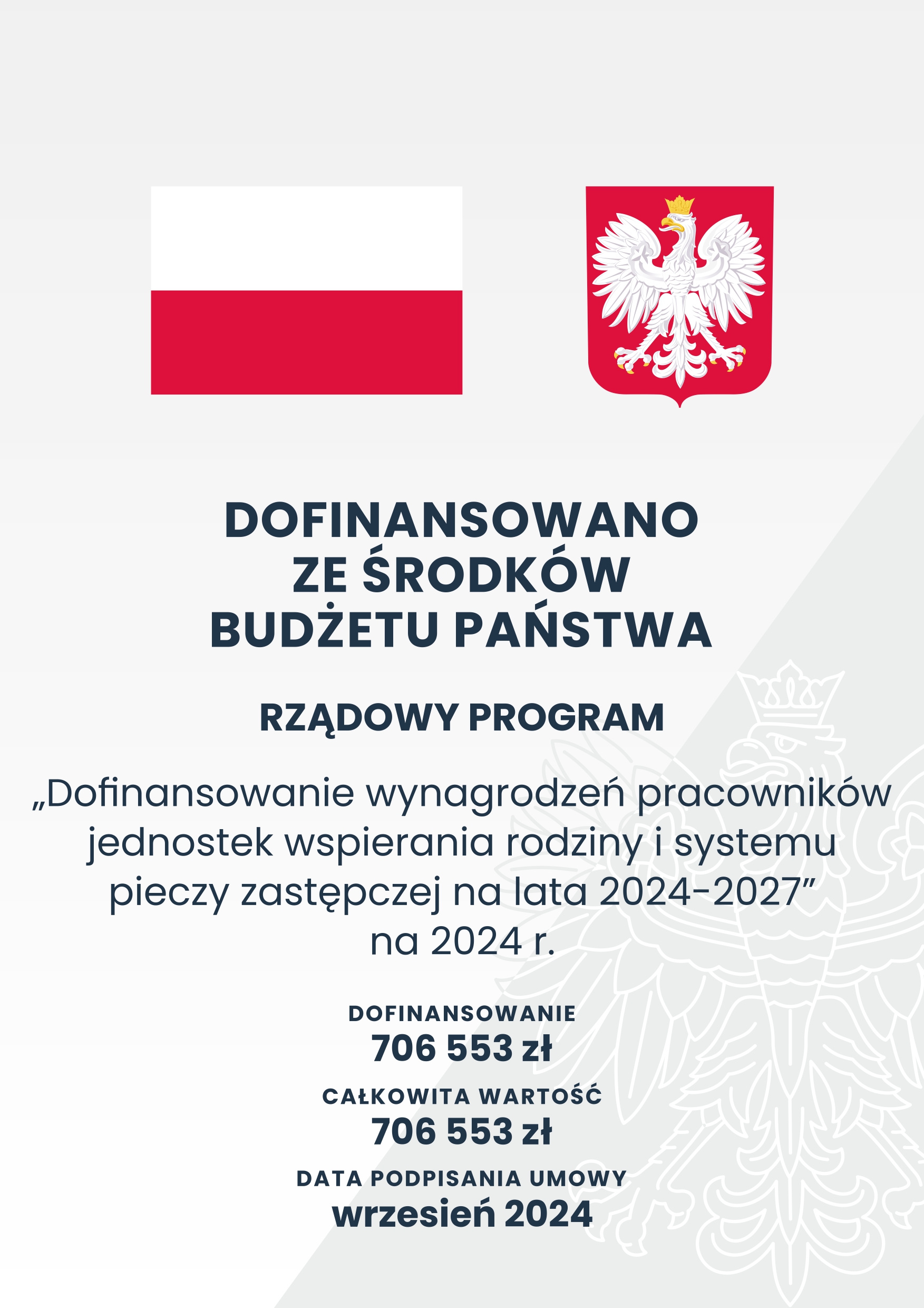 Plakat z napisem "dofinansowano ze środków budżetu państwa", "rządowy program "Dofinansowanie wynagrodzeń pracowników jednostek wspierania rodziny i systemu pieczy zastępczej na lata 2024-2027""