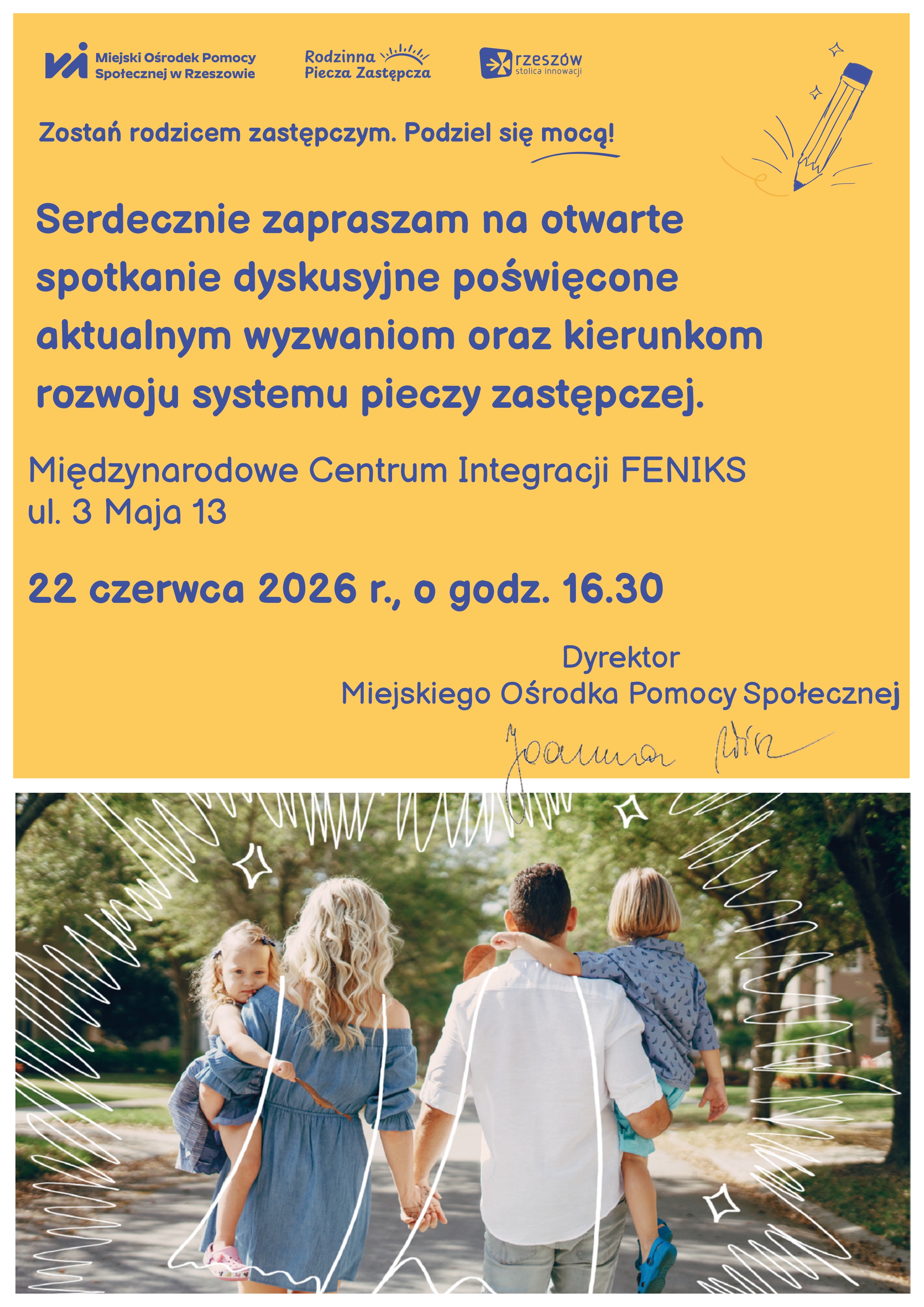 Plakat zapraszający na&nbsp;spotkanie w&nbsp;sprawie rodzicielstwa zastępczego