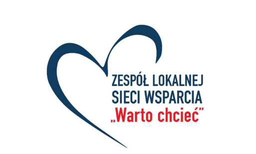 Na zdjęciu logo Zespołu Lokalnej Sieci Wsparcia "Warto Chcieć" - niebieski kontur serduszka z nazwą zespołu